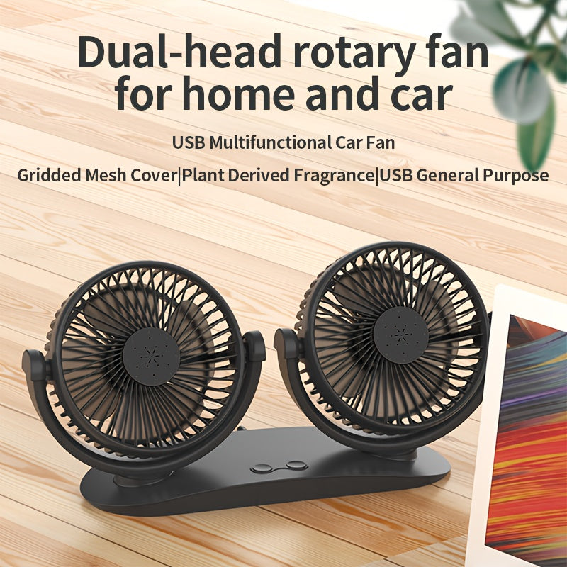 Portable Dual-Head USB Car Fan with Aromatherapy Cover, Adjustable Speed, Quiet Brushless Motor