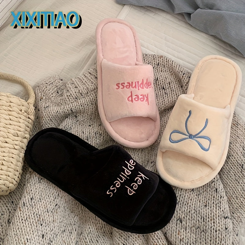 Women's Winter Slip-On Slippers Soft Fabric Indoor House Shoes in Black and Beige