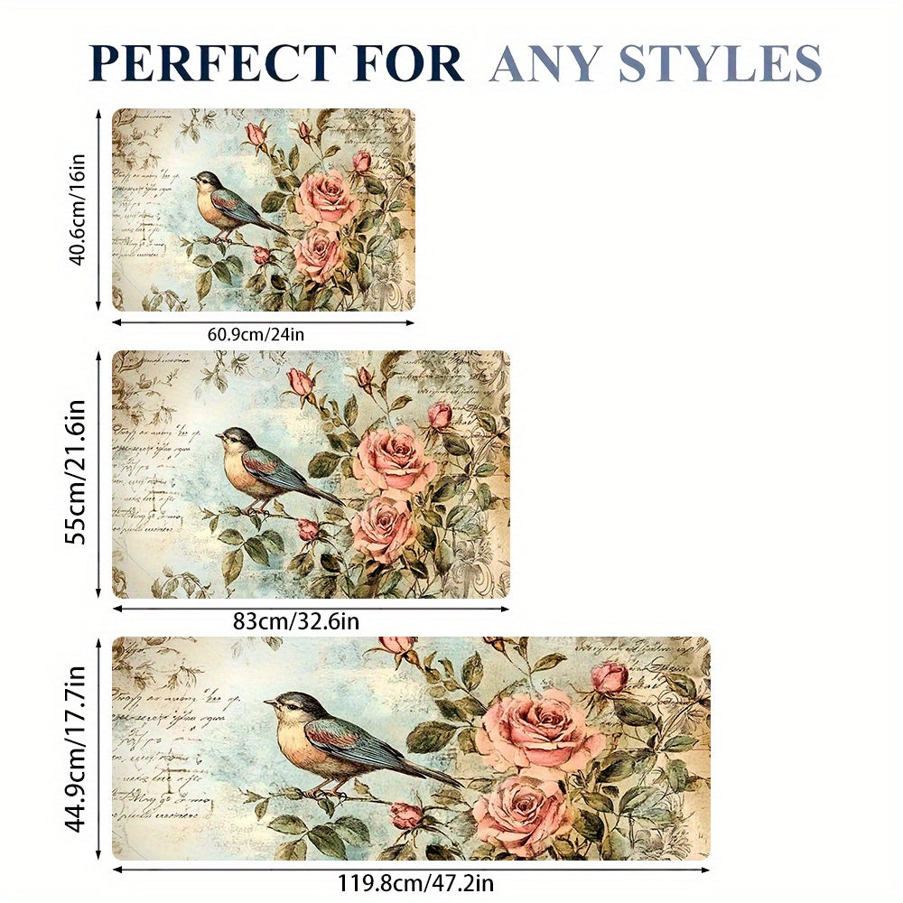 Vintage Rose & Bird Design Anti-Fatigue Oshxona Mat - Suvga chidamli, Yumshoq, Mashinada yuvish mumkin bo'lgan Polyester - Uy va Ofis uchun Qaytmas Mat