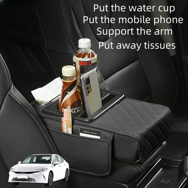 Faux Leather Car Armrest Storage Box Universal Fit All-Season Organizer for Water Cups Phones Tissues