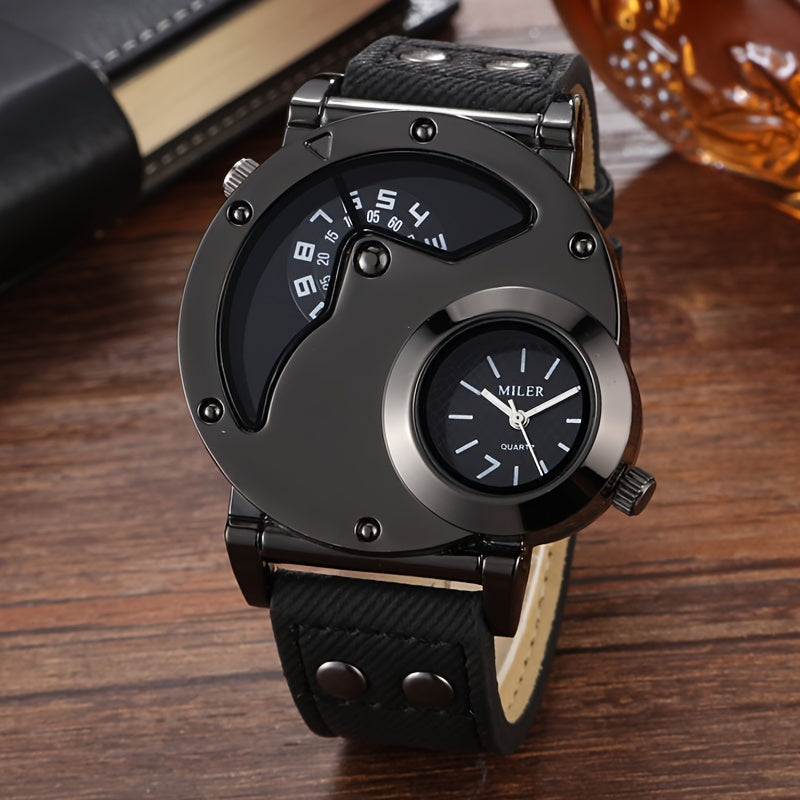 Men's Vintage Dual-Time Watch Denim Strap Alloy Case Quartz Large Dial Not Waterproof