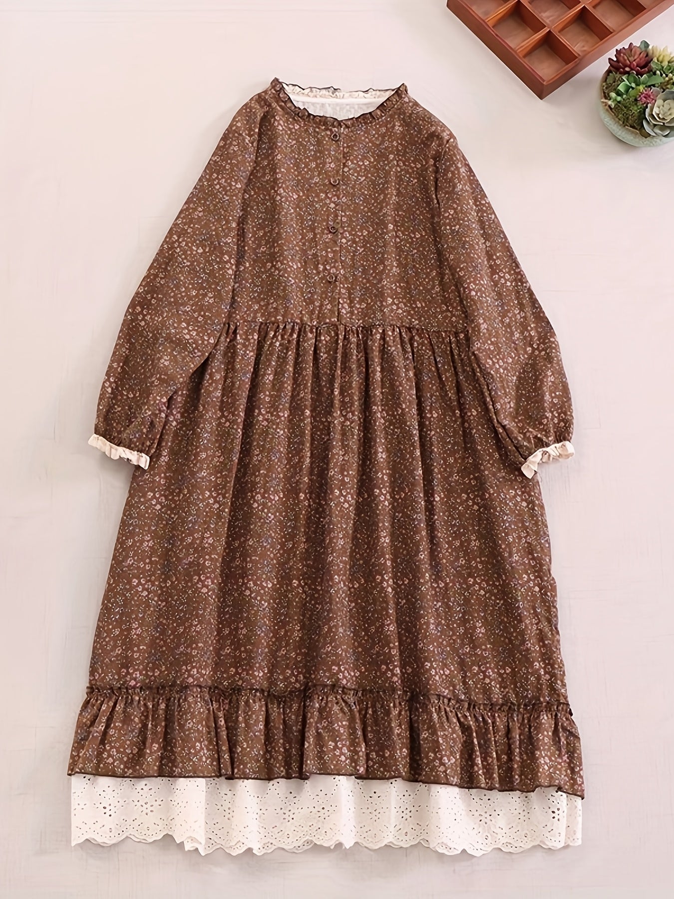 Japanese Style Floral Long Sleeve Dress for Women with Lace Splicing and Linen Skirt
