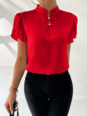 Women's White Breathable Polyester Blouse with Stand Collar and Ruffle Details