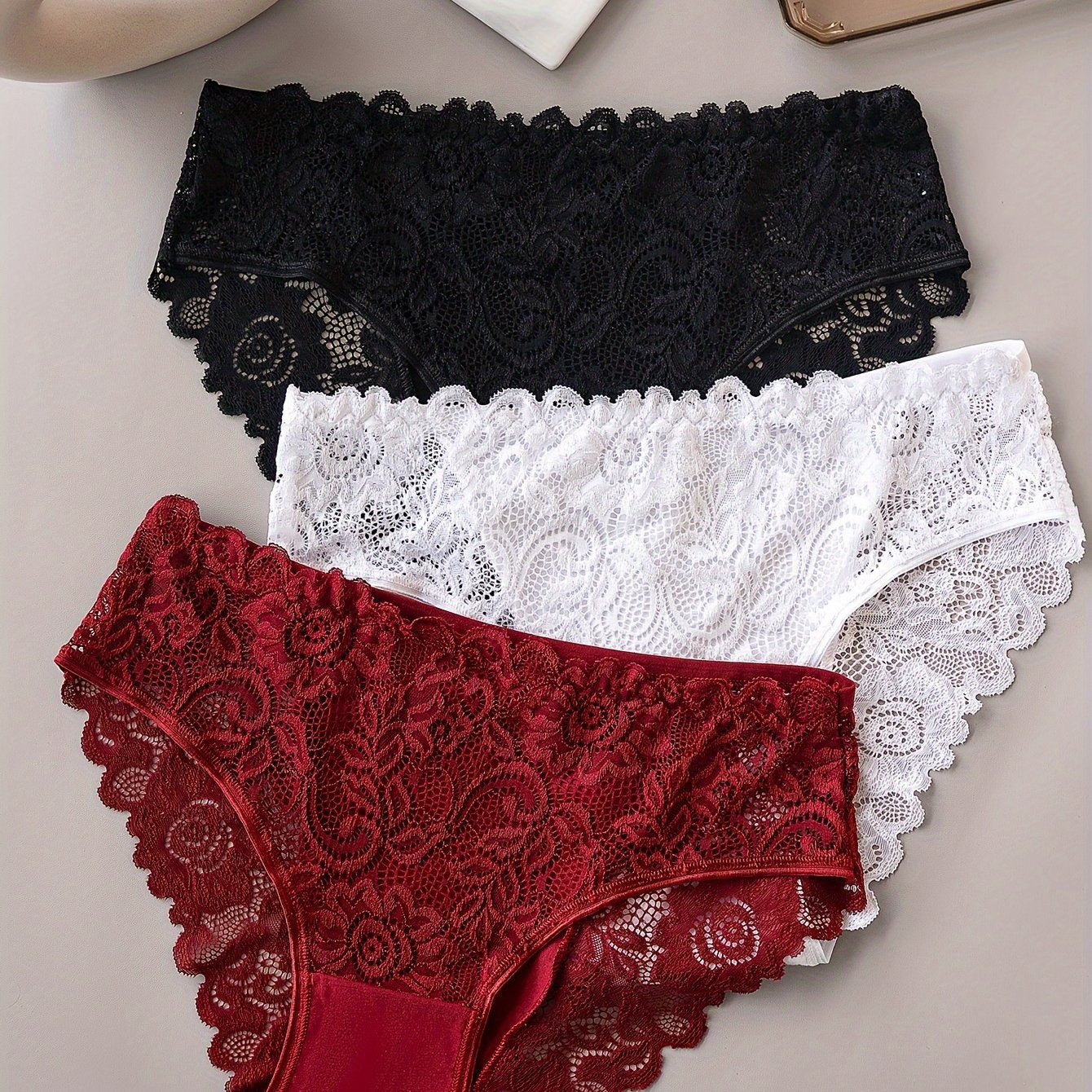 Women's Cotton Lace Briefs Set 3 Pieces Breathable Mid Rise Seamless Underwear