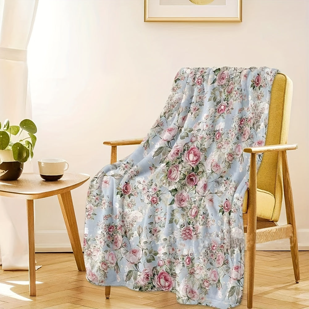 Flannel Blanket with Floral Rose Print Cozy Soft for Couch Bed Travel