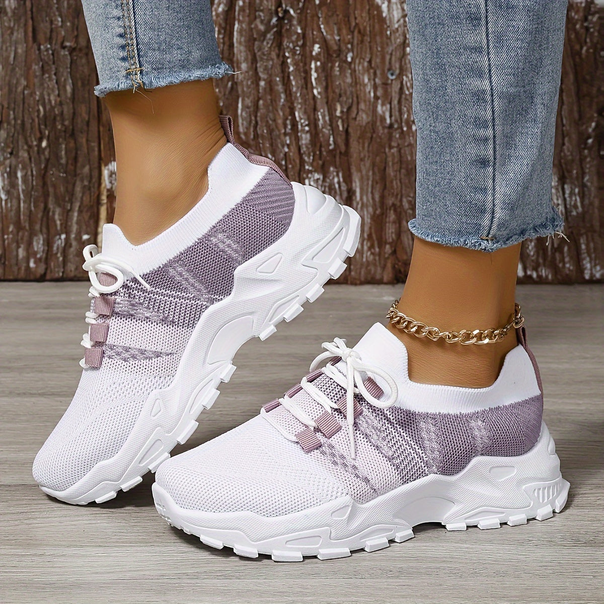 Ayollar uchun nafas oladigan knit platform sport poyafzallari, kundalik lenta bilan bog‘lanadigan tashqi poyafzallar