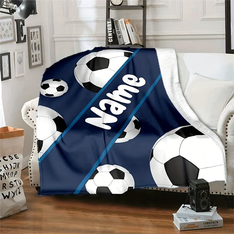 Manta de felpa personalizada con impresión de fútbol, suave y acogedora, personalizable para sofá, cama, viajes y camping