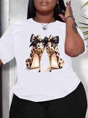 Plus Size Women's Leopard Print Short Sleeve T-Shirt White Casual Summer Wear