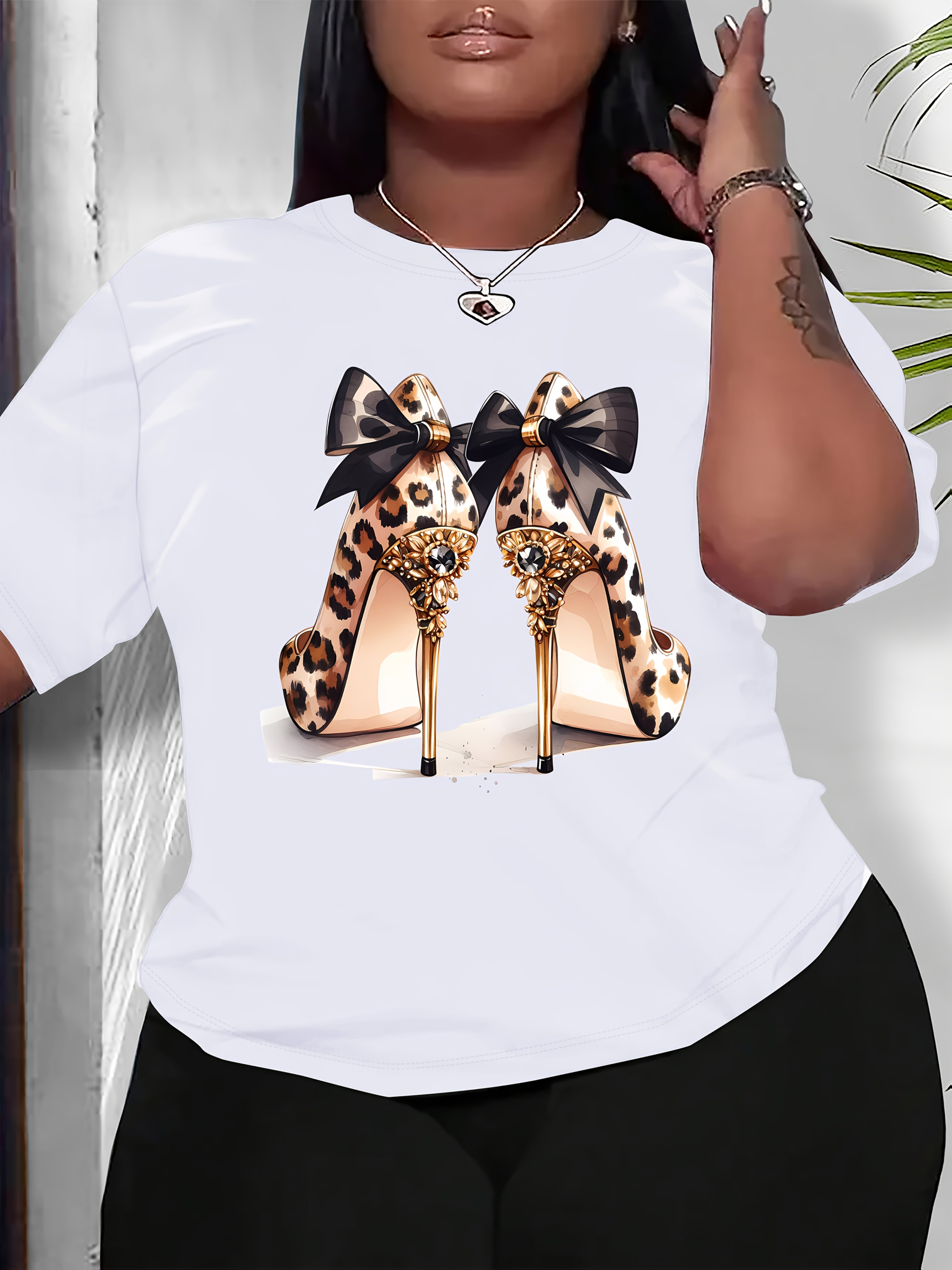 Plus Size Women's Leopard Print Short Sleeve T-Shirt White Casual Summer Wear