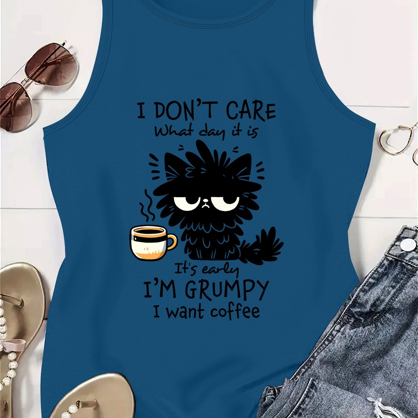 Plus Size Women's Black Cat Graphic Tank Top Breathable Sleeveless Shirt