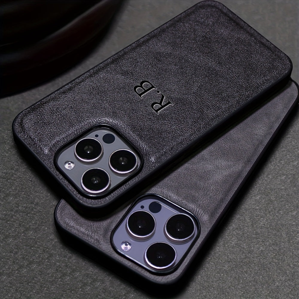Personalized iPhone Case with 3D Engraved Initials Faux Leather Cover for Models 11-16 Pro Max Plus