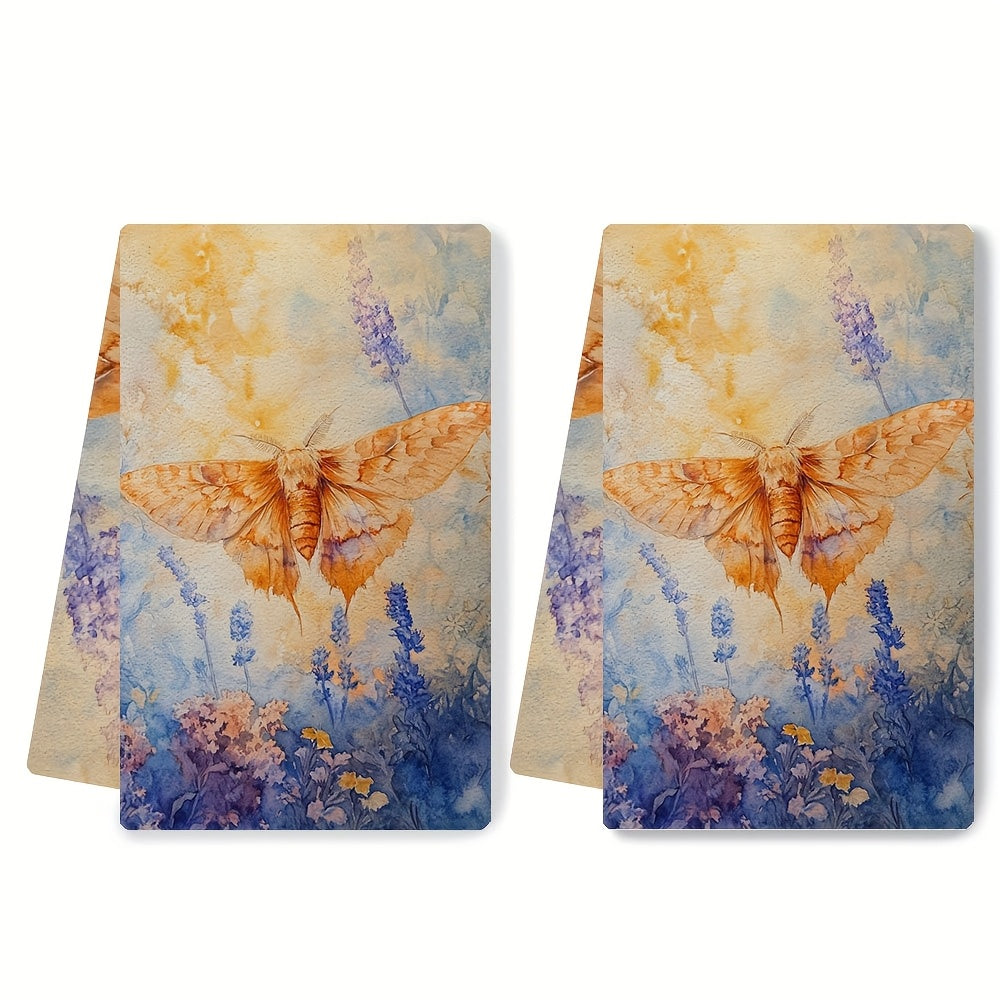 Set of 2 Soft Kitchen Towels with Moth and Floral Design, 16x24 Inches