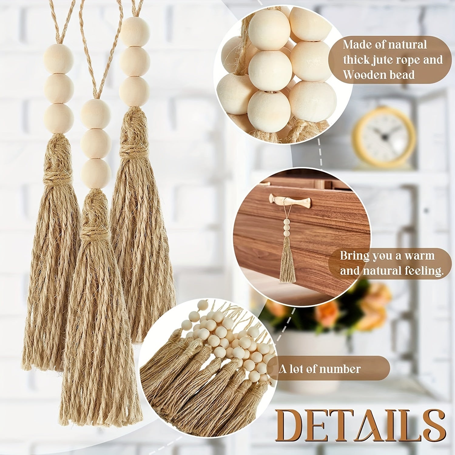 Set of 10 Natural Jute Rope Tassels with Wooden Beads for DIY Decor and Garlands