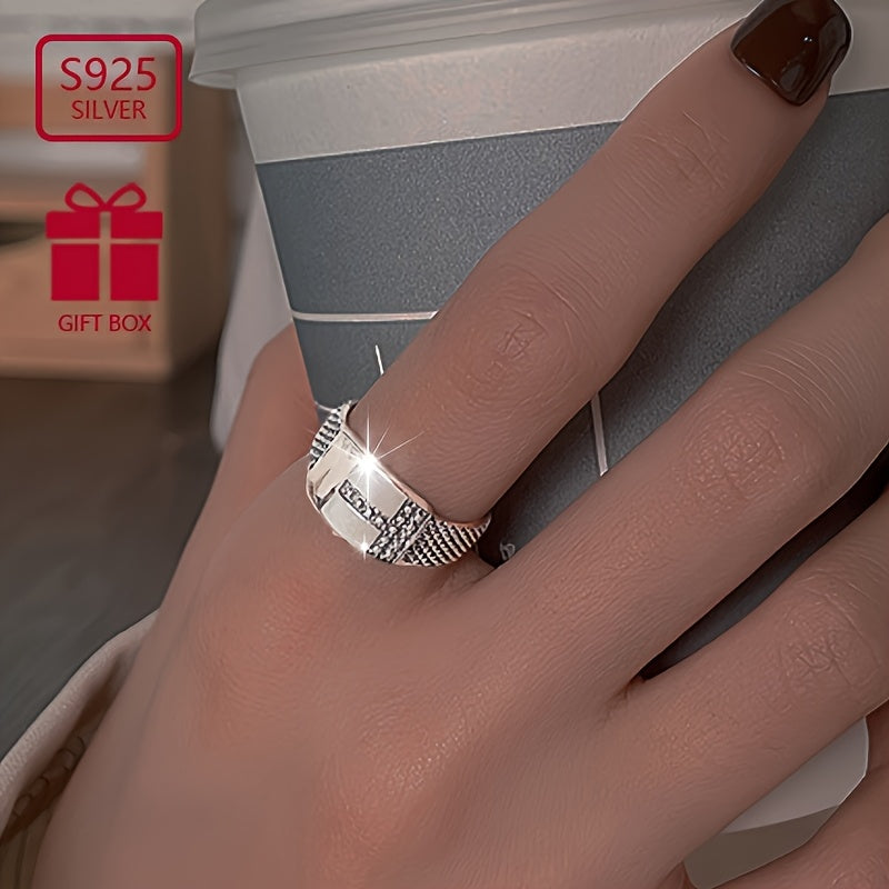 VIGG S925 Sterling Silver Hip Hop uslubidagi geometrik T-shaklidagi sozlanadigan ochiq uzuk erkaklar va ayollar uchun, uniseks punk festival moda zargarlik buyumlari, kundalik kiyish va barcha mavsumlar uchun mukammal