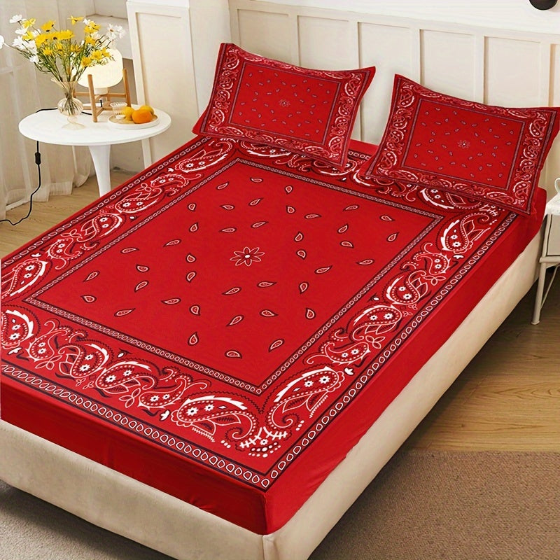 Juego de ropa de cama boho chic con estampado paisley, sábana ajustable, fundas de almohada, transpirable de poliéster