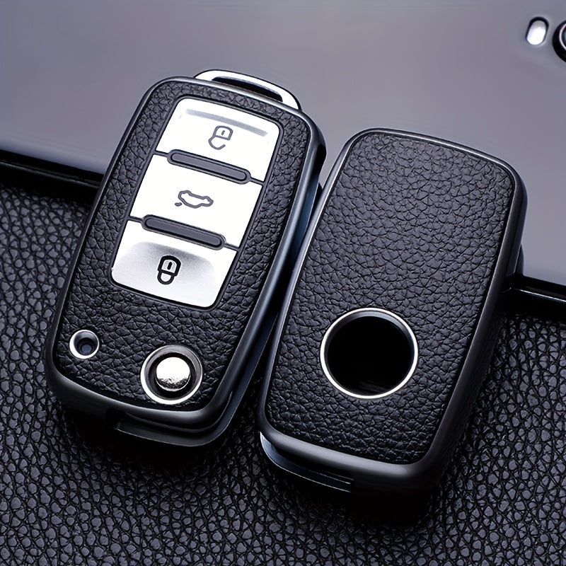 Car Key Protective Cover Leather Grain 3-Button Anti-fall Wear-Resistant