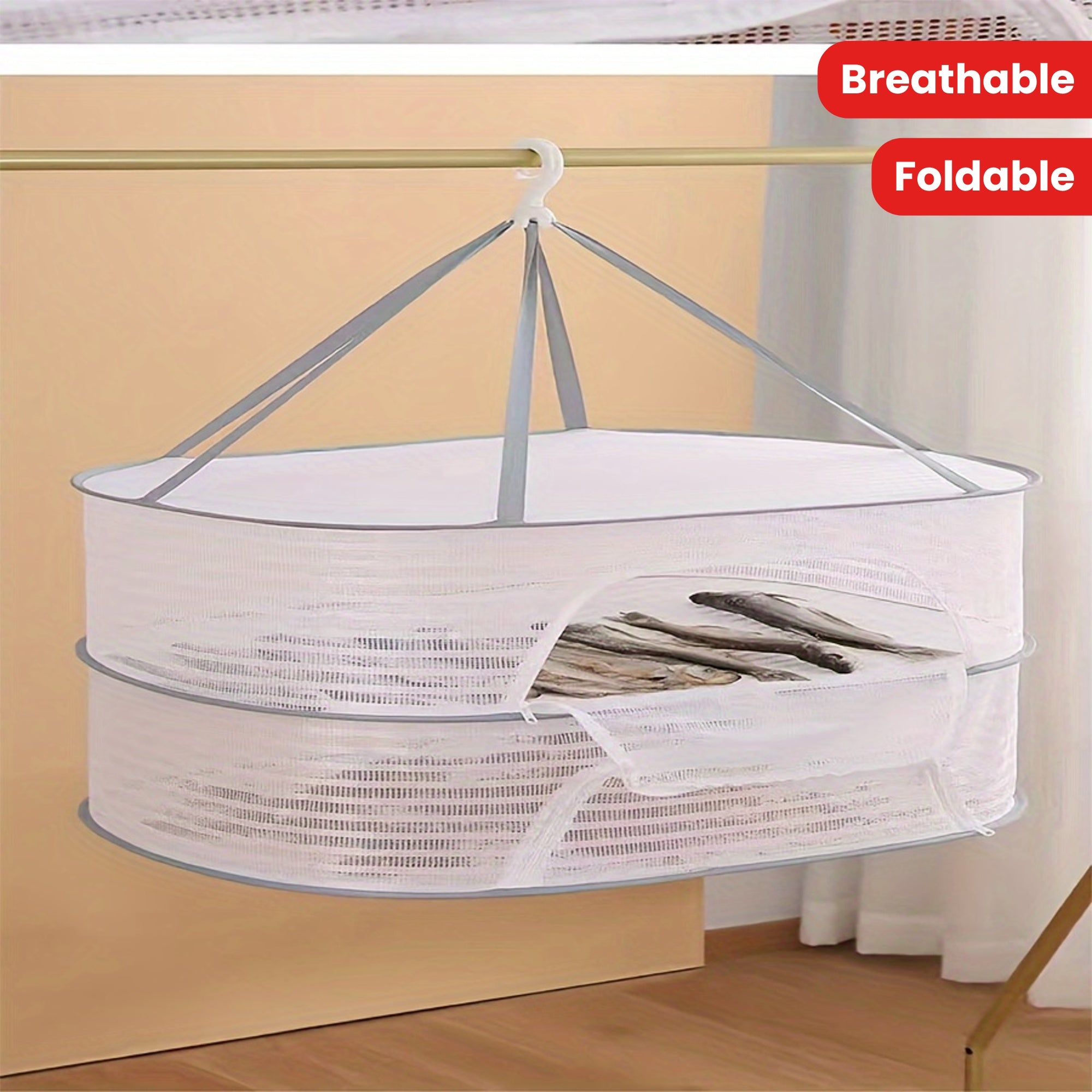 Foldable Mesh Drying Rack with Zipper 3-Tier Multi-Functional Hanging Laundry Organizer