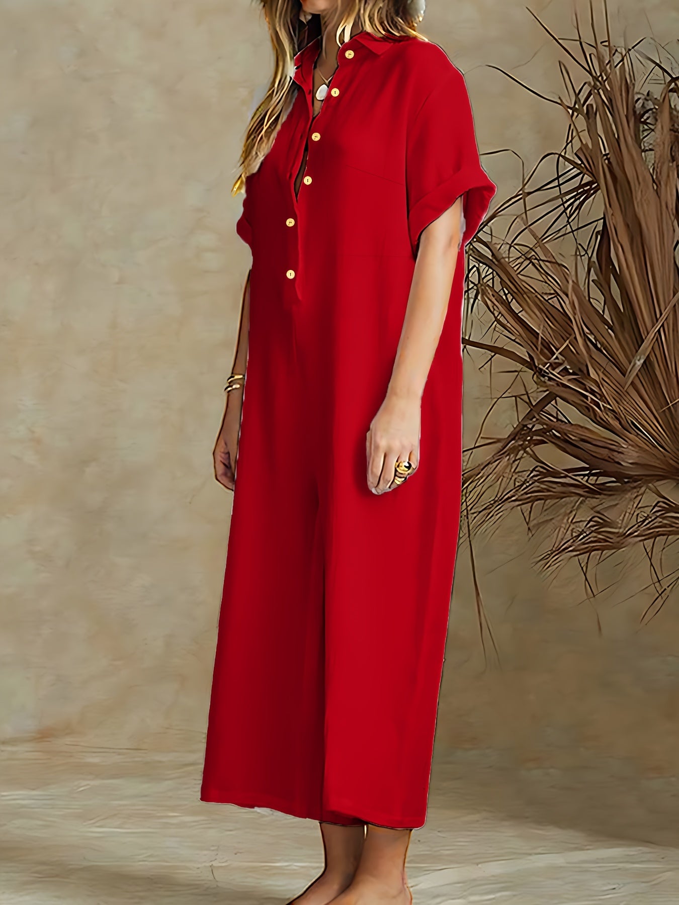 Women's Plus Size Green Jumpsuit with Roll-Up Sleeves and Wide-Leg Pants