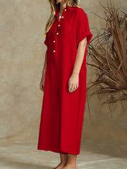 Women's Plus Size Green Jumpsuit with Roll-Up Sleeves and Wide-Leg Pants