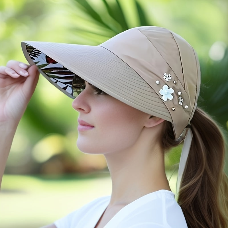 Women’s Beaded Sun Visor with UV Protection Foldable Polyester Outdoor Hat