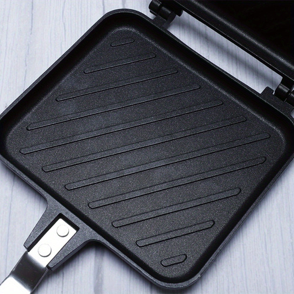 Olib tashlanadigan egilgan sendvich tayyorlash panasi, ikki tomonlama isitish bilan, 1000W alyuminiy kvadrat grill, nonushta sendvichlari, grill, tuxum, pancake uchun. Mashina yuvish uchun mos, batareyalar talab qilinmaydi.