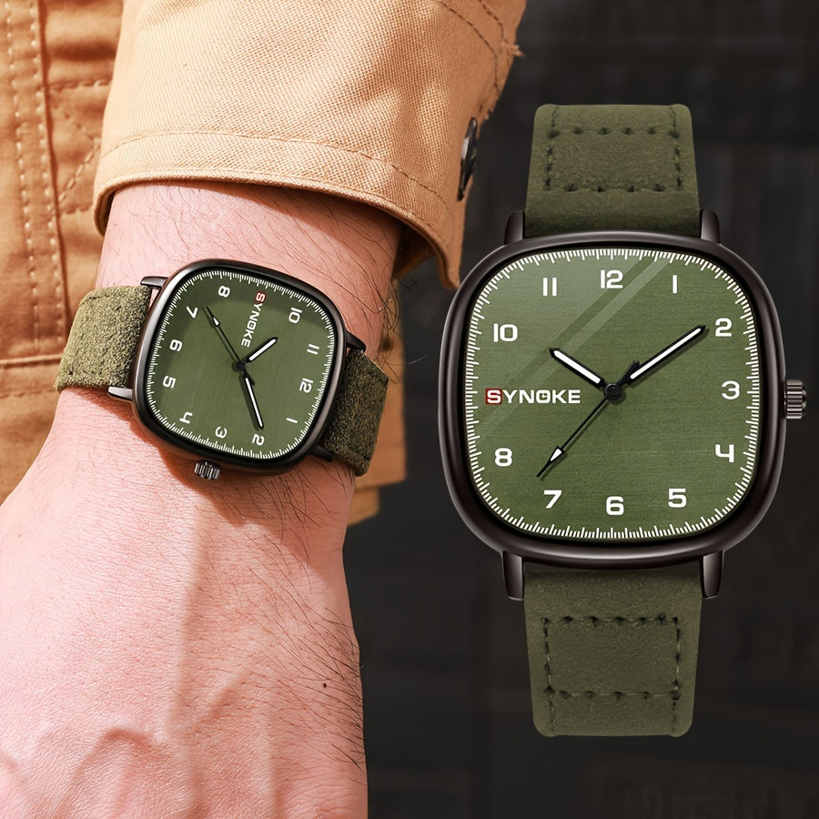 Men's Retro Army Green Quartz Watch Minimalist Sports Square Alloy Case Synthetic Leather Strap Not Waterproof