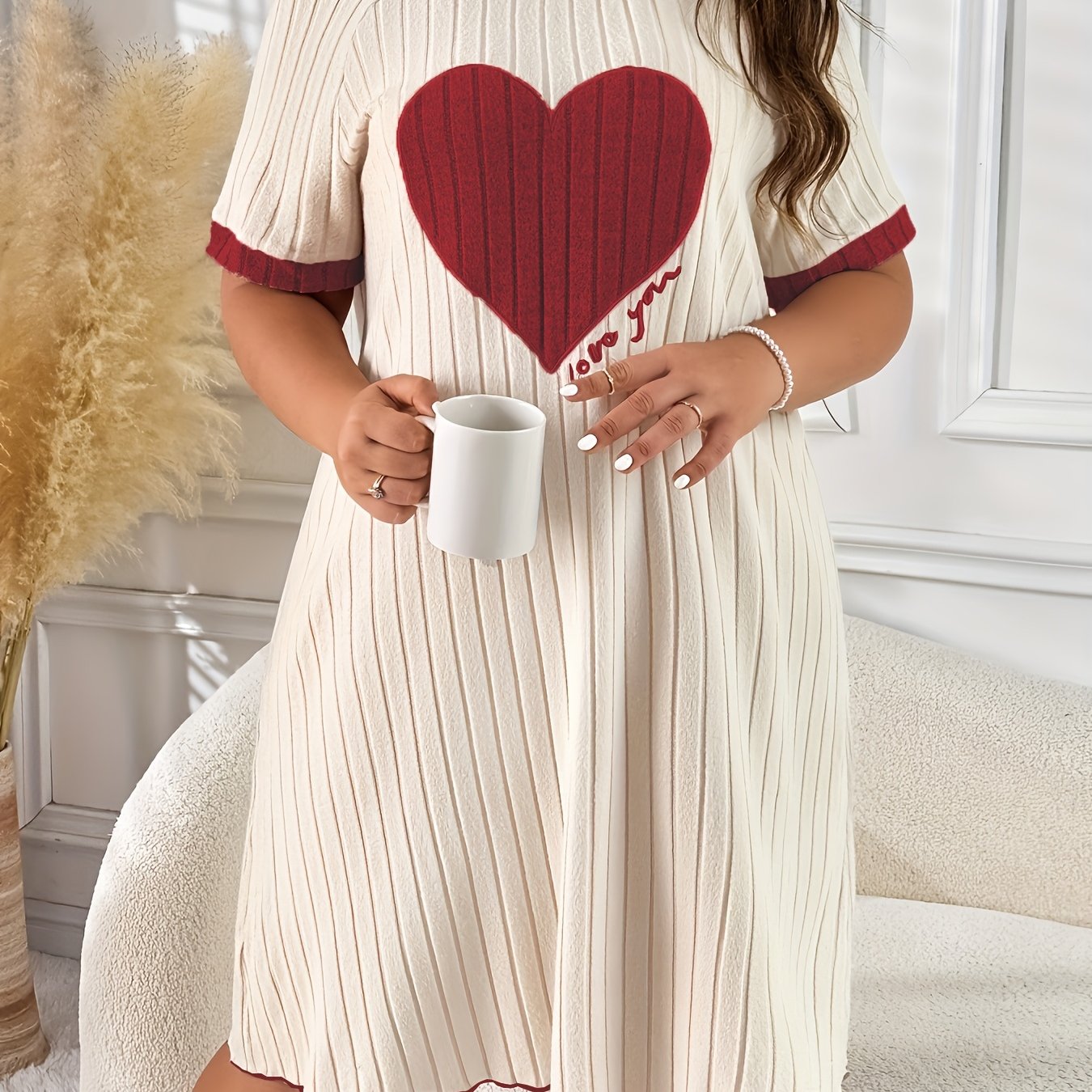Women's Plus Size Color Block Heart Embroidered Sleep Dress Lounge Nightgown