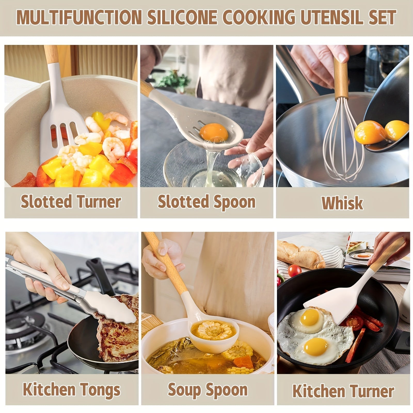 34-Piece Silicone Kitchen Utensil Set Heat-Resistant Non-Stick with Wooden Handles