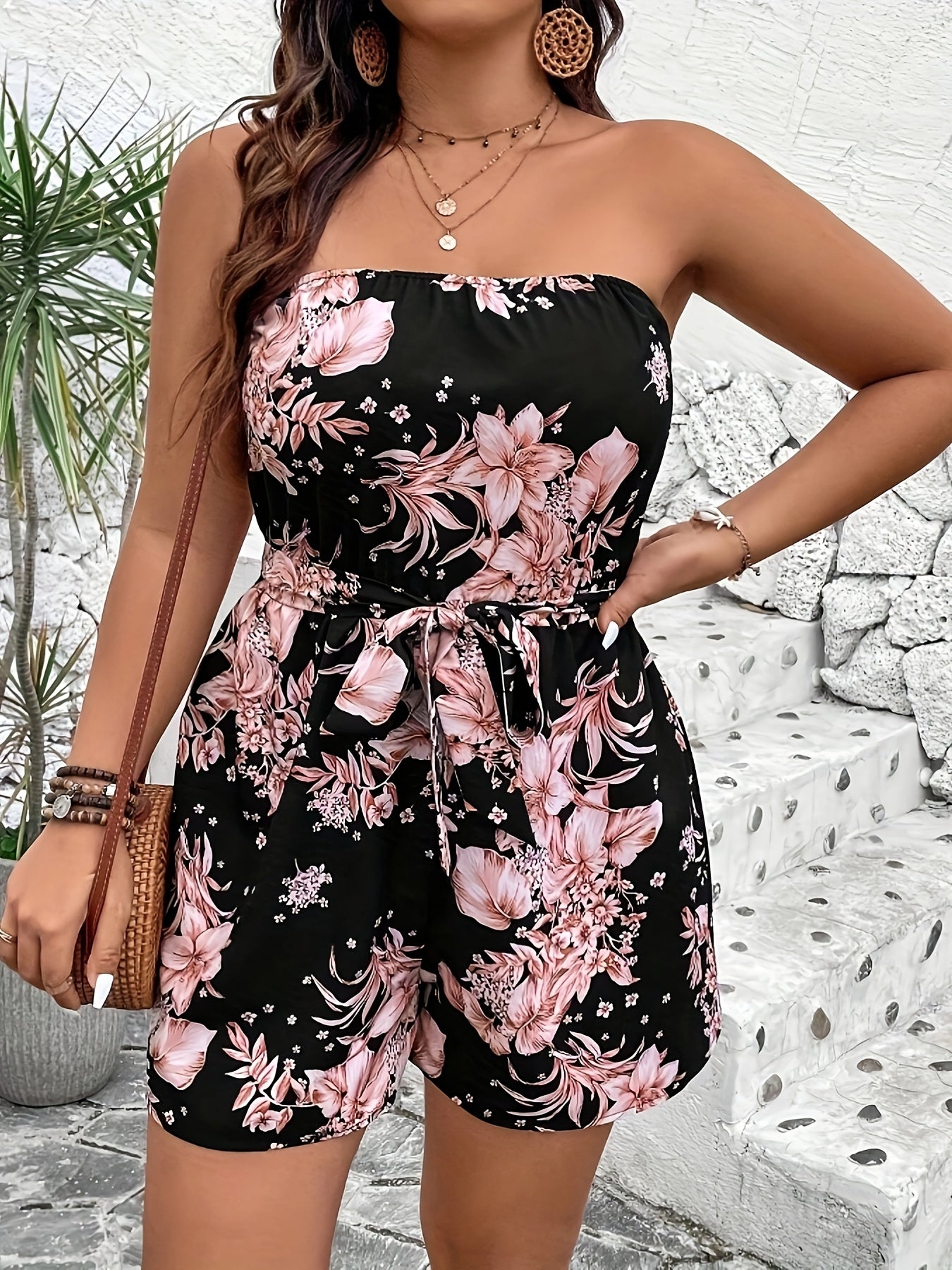 Mono sin tirantes de estampado floral bohemio para mujer, negro y rosa, verano