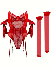 Yangi Yevropa va Amerika bozorida sotilayotgan ayollar uchun bodysuit va taytlar to'plami, dantel qo'shilishi bilan, to'plangan paypoqlarni o'z ichiga oladi.