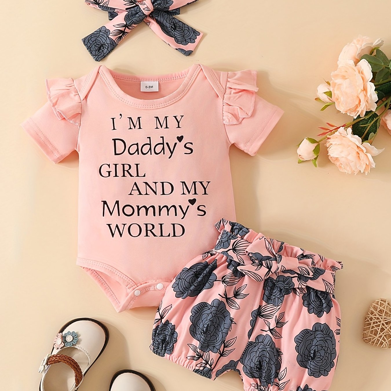 Newborn Girls Summer 3-Piece Clothing Set Letter Top Printed Pants Headband