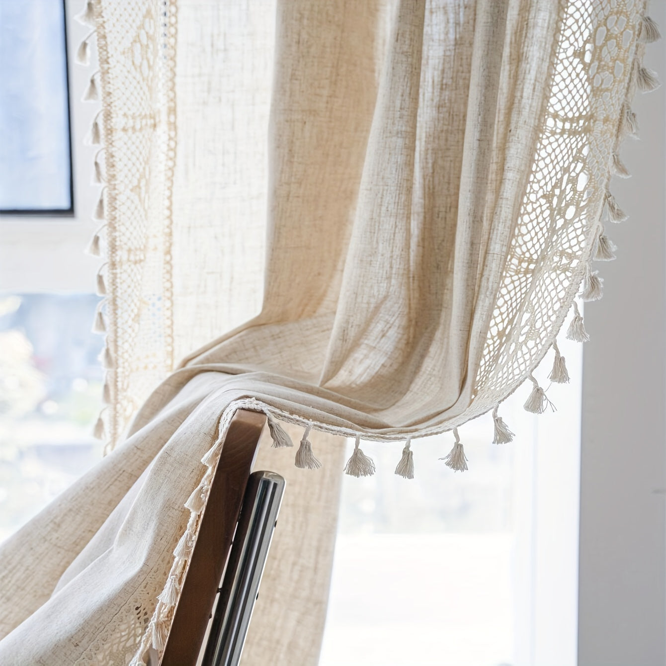 Linen Crochet Curtain with Tassels Semi-Sheer Rod Pocket Farmhouse Style for Living Room Bedroom Kitchen
