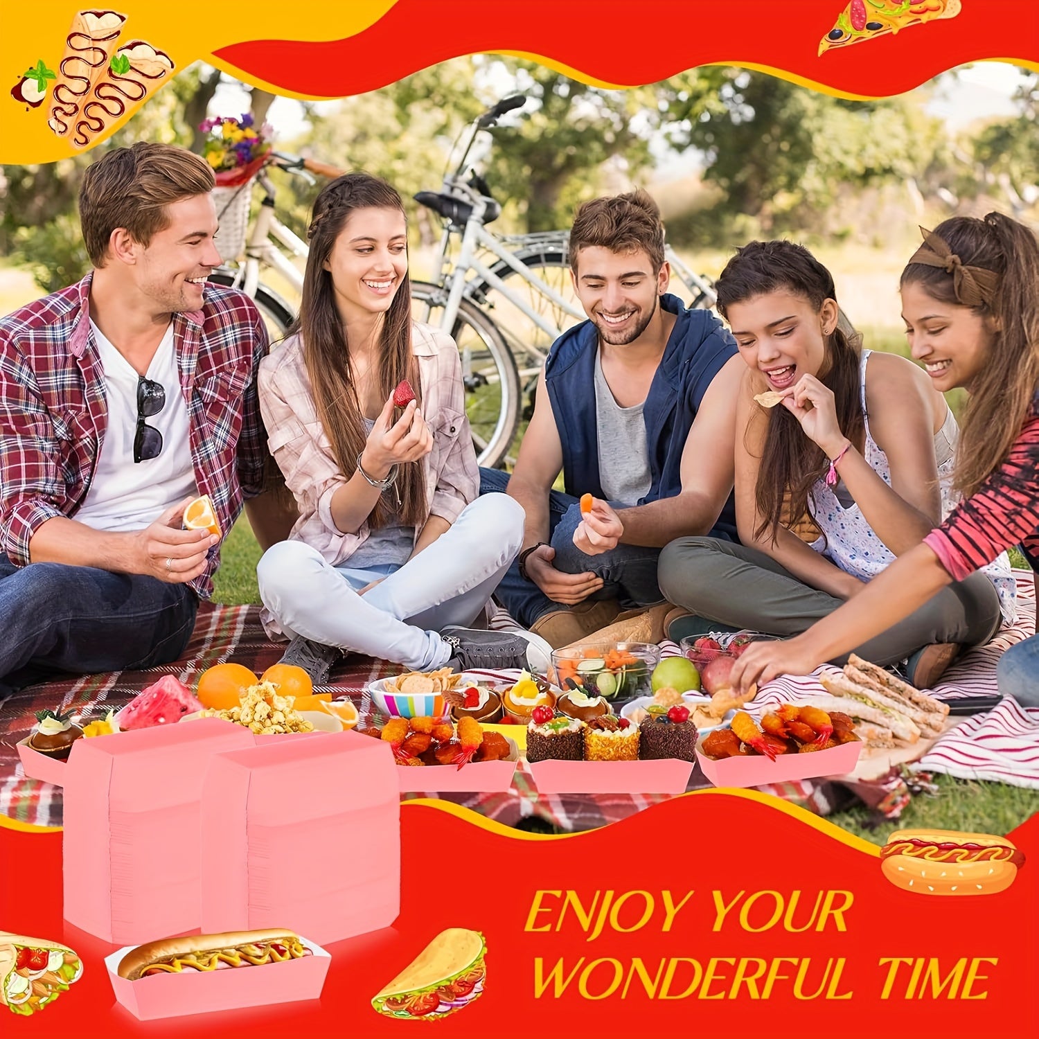 Pink Disposable Hot Dog Trays and Paper Plates Waterproof Oil Resistant for Parties Picnics and Celebrations