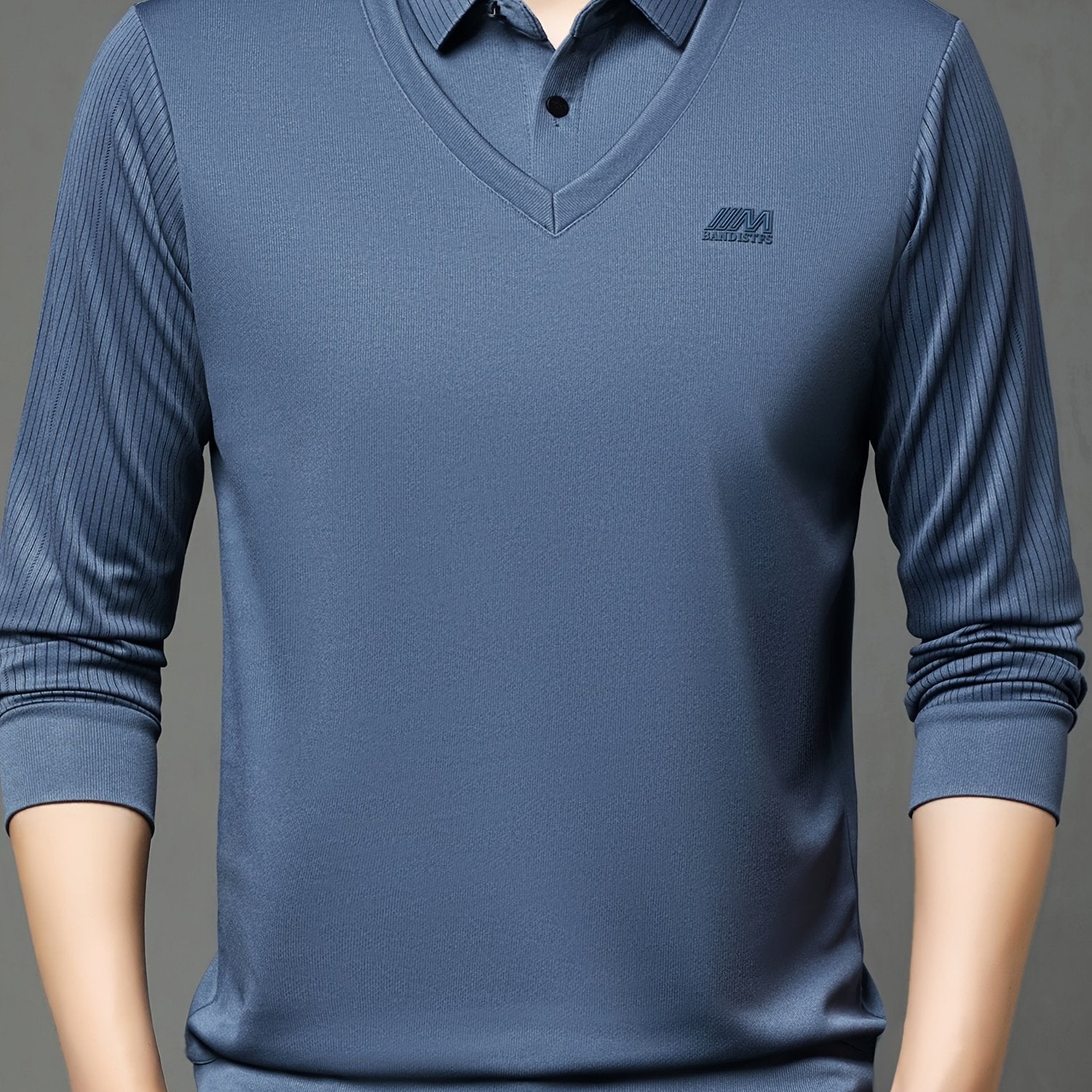 Chiziqli Erkaklar Golf Ko'ylagi, Soxta Ikki Qismli Dizayn, Bahor va Kuz Tashqi Kiymish uchun Uzun Qoltiq Ko'ylak