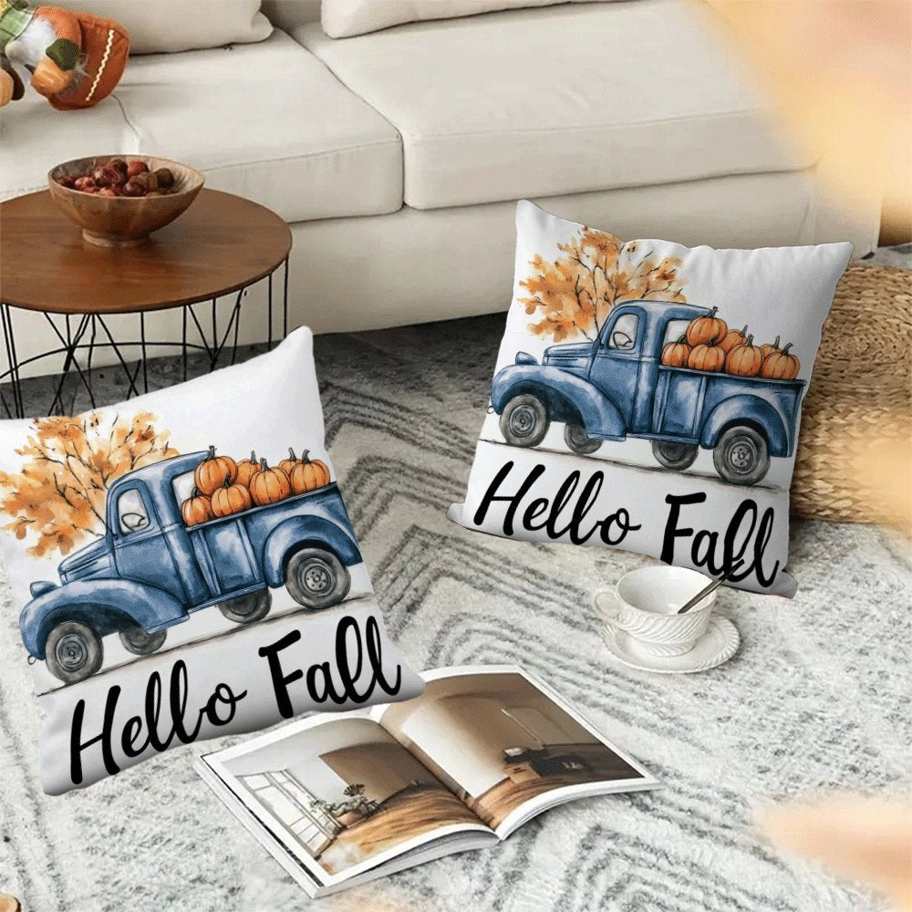 Set of 2 Flannel Pillow Covers 45.72 cm Zippered Pumpkin Truck Design for All Seasons