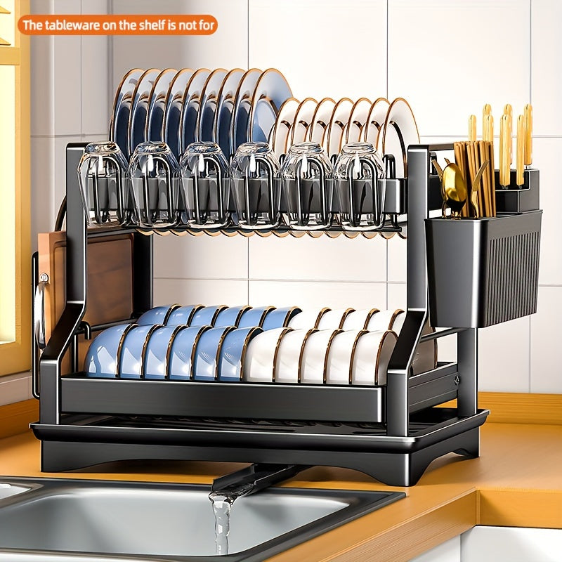 Estante de metal para platos con bandeja de drenaje, organizador de cocina de 2 niveles para platos, utensilios y tazas