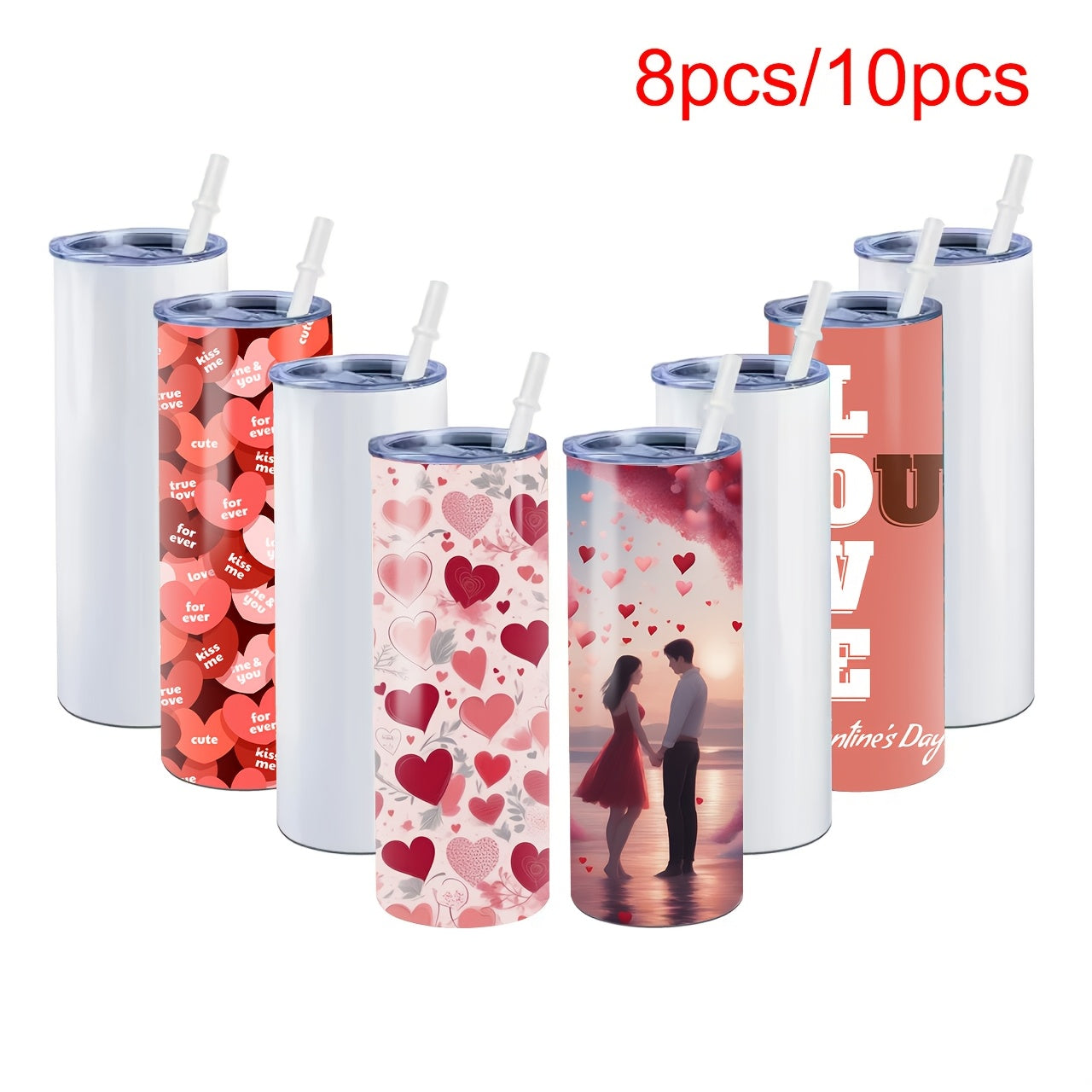 8-10pc Stainless Steel Cups with Sealed Water Push Cap and Plastic Straw Vacuum Insulated Gift