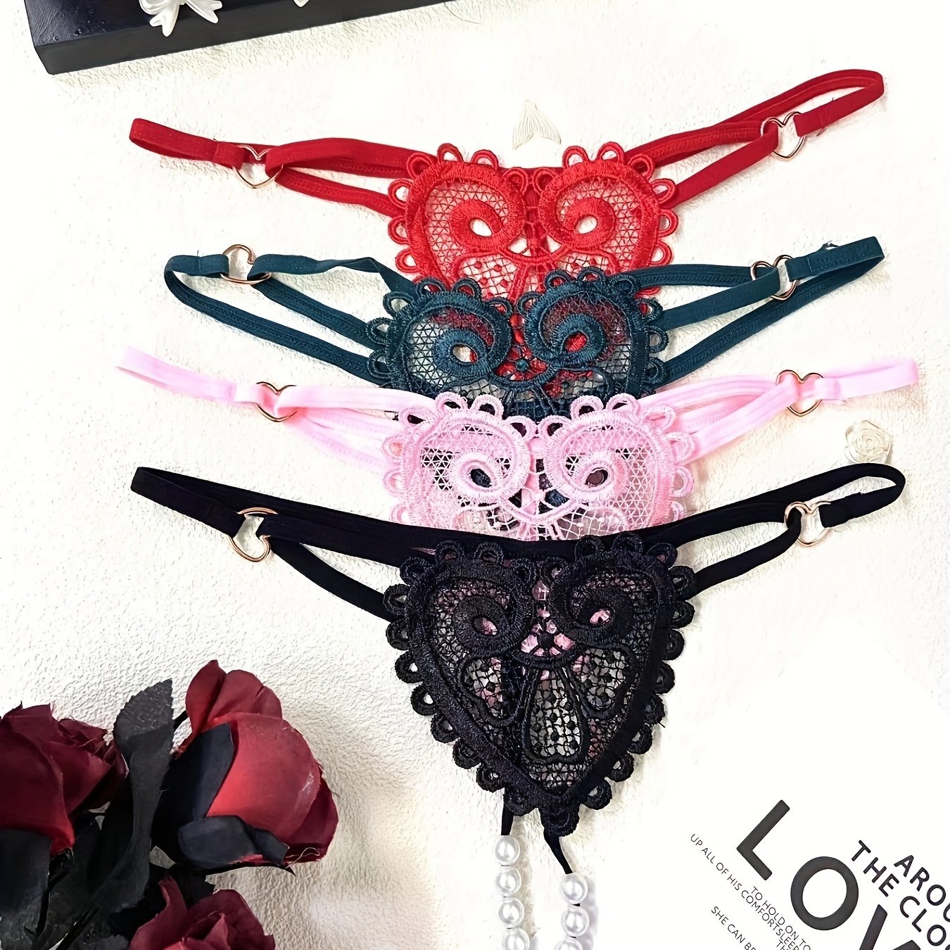 Women's Floral Embroidered Thongs See-Through Pearl Massage Lingerie