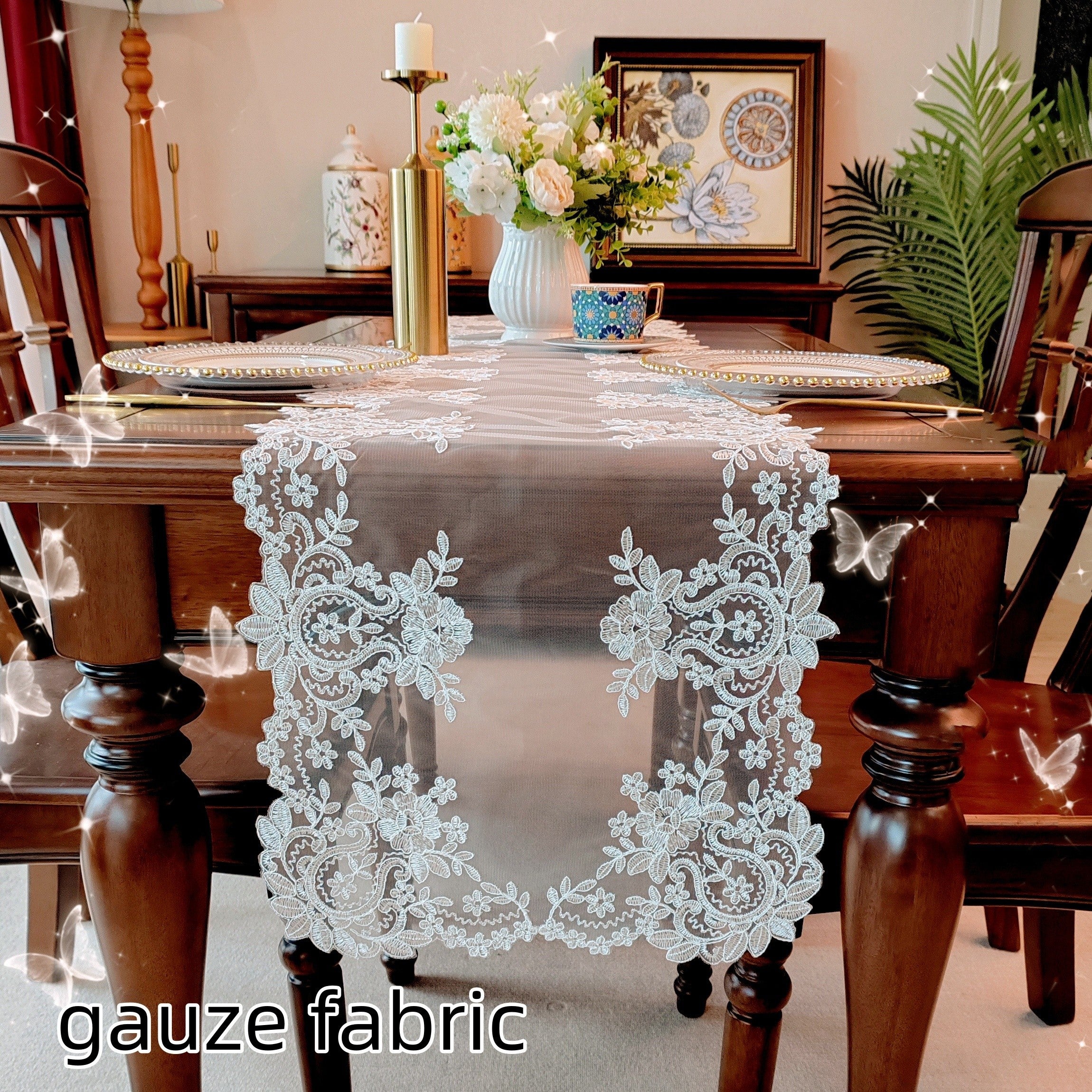White Lace Table Runner with Floral Embroidery, Elegant, Multiple Sizes