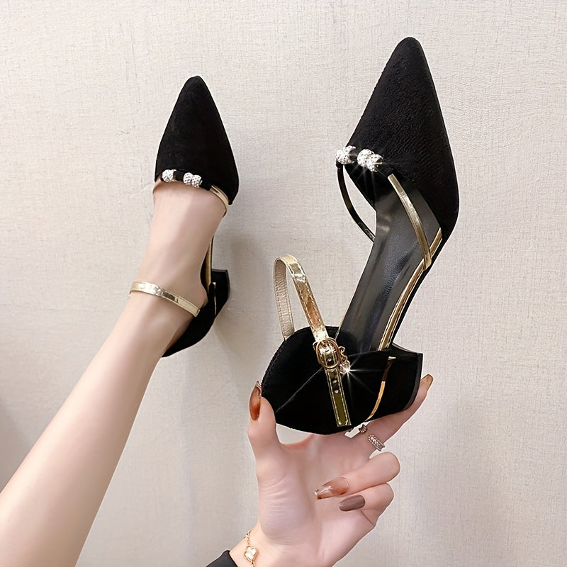 Women's Rhinestone Embellished Pointed Toe Dress Shoes with Ankle Buckle and Chunky Heel