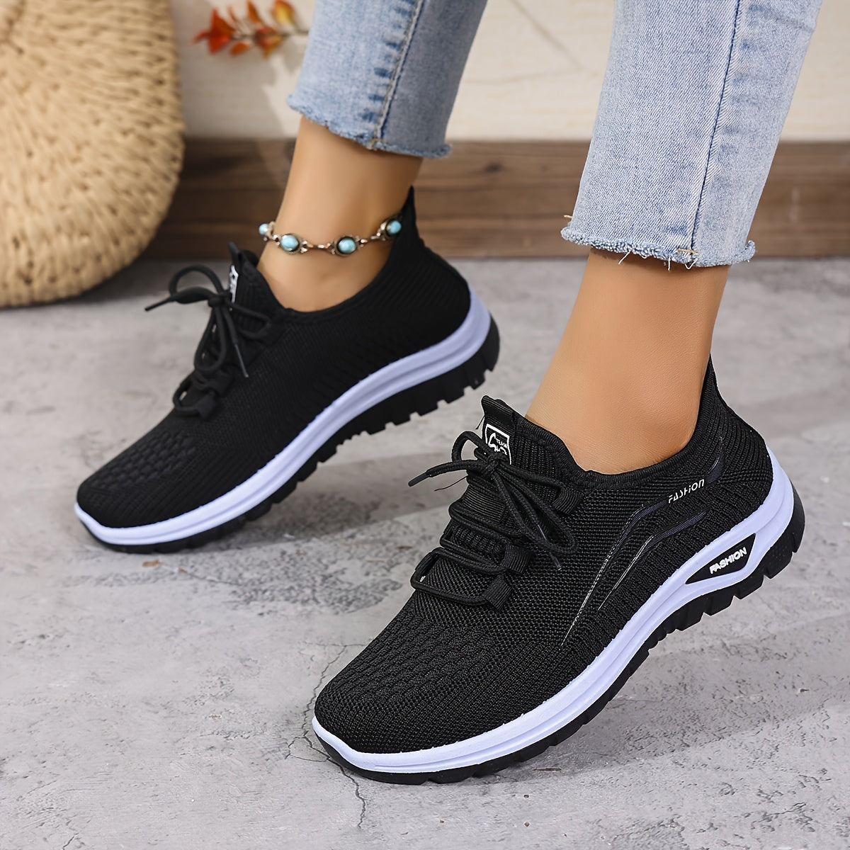 Women's Knitted Running Shoes with Lace-Up, Double-Layer Sole for Walking
