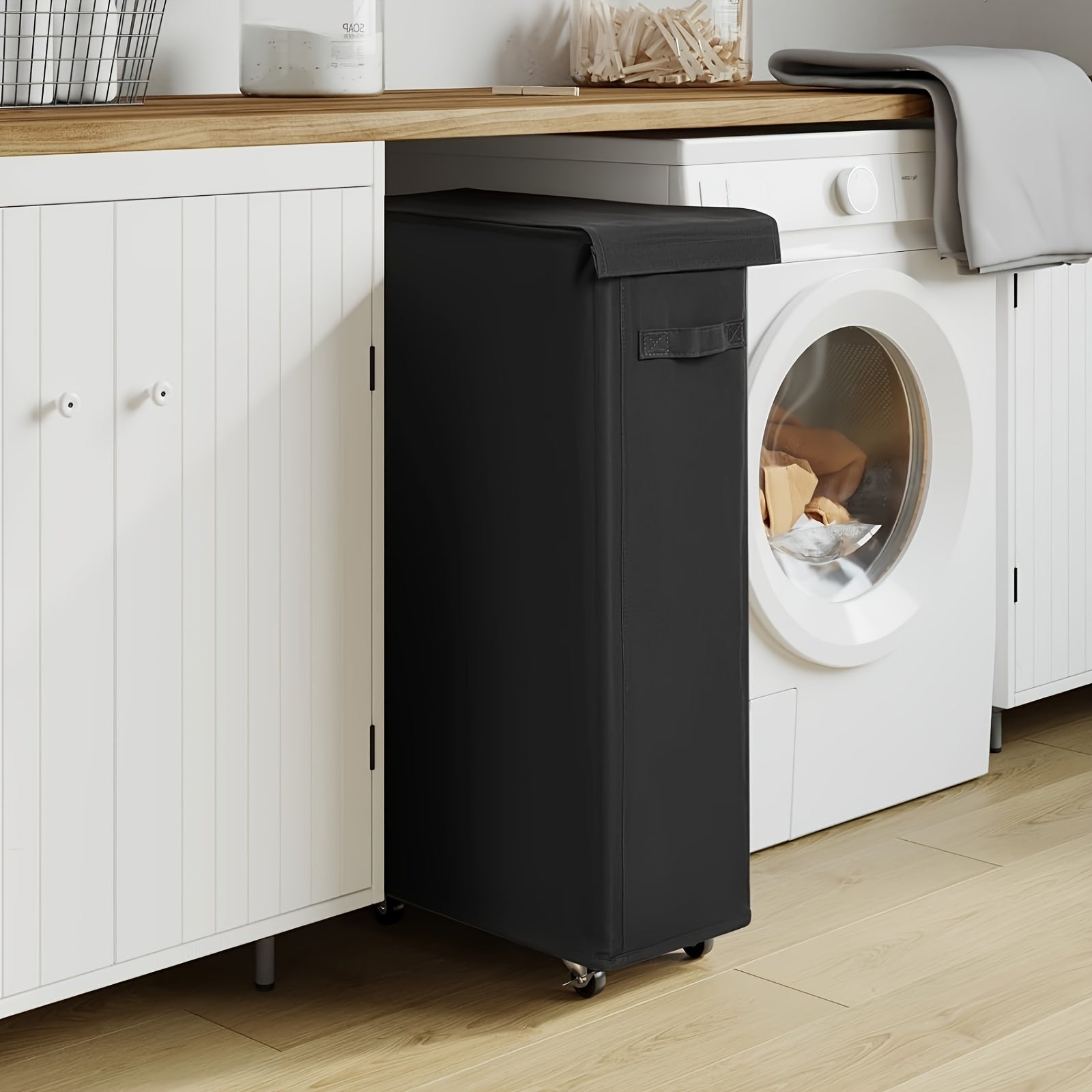 Cesta de lavandería de tela con ruedas 65L, cesta plegable portátil para baño, dormitorio, hogar