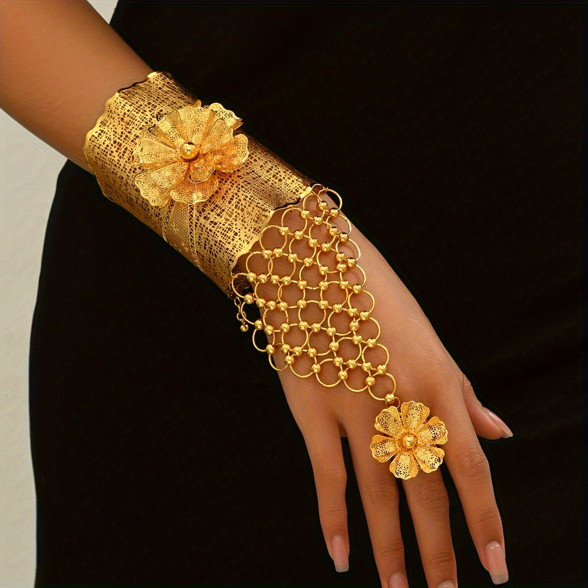Middle Eastern Wedding Bracelet Iron Hand Chain Flower Design 18K Gold Plated