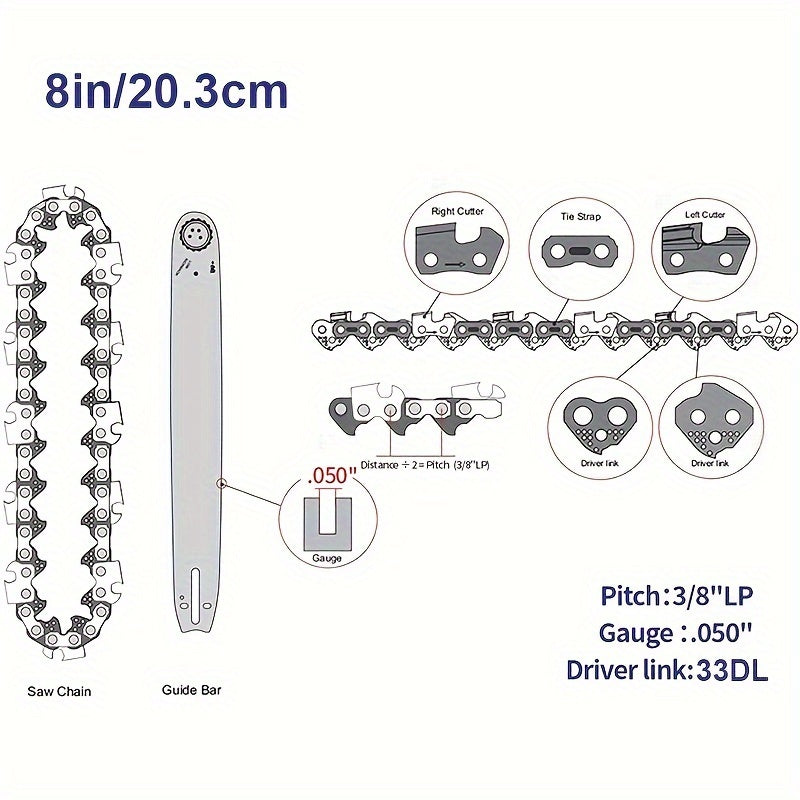 3 Pack 8-Inch Metal Chainsaw Chains 3/8 Inch LP Pitch .050 Gauge 33 Drive Links