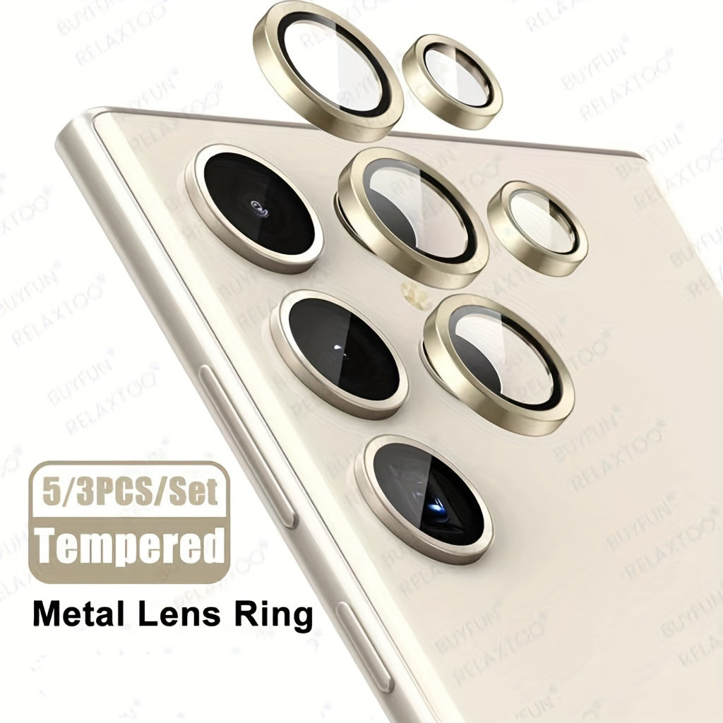 Set of 3 Camera Metal Rings and Tempered Glass Lens Protectors for Samsung Galaxy Models