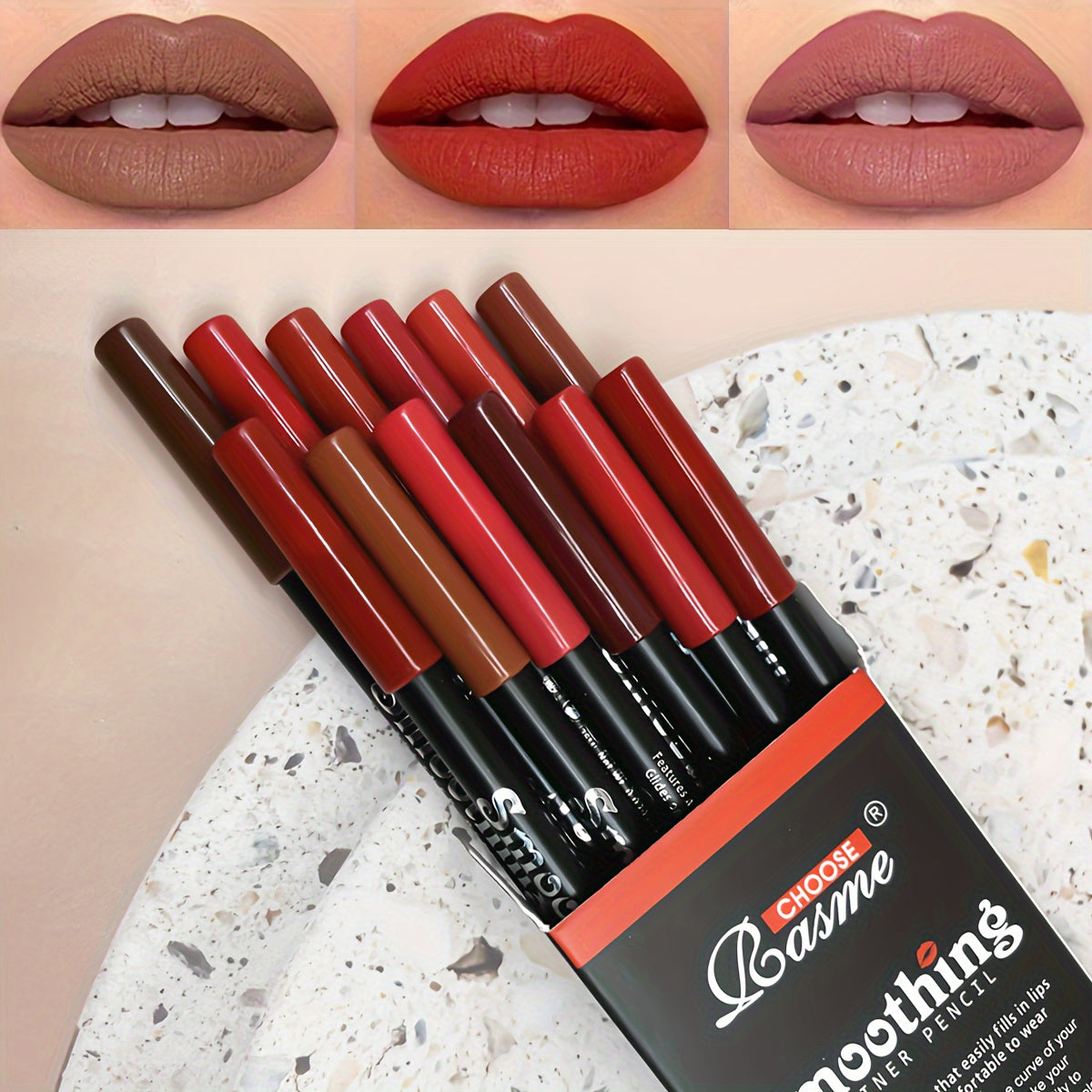 Set de 12 lápices de perfilador de labios mate en tonos mocha surtidos para contornear y definir los labios
