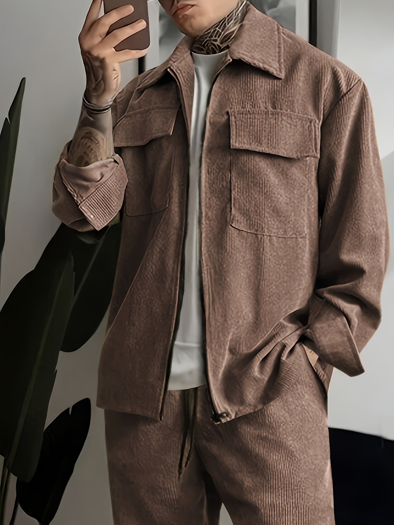 Men's Casual Set Brown Polyester Woven Jacket and Pants Fall Winter Outdoor Leisure