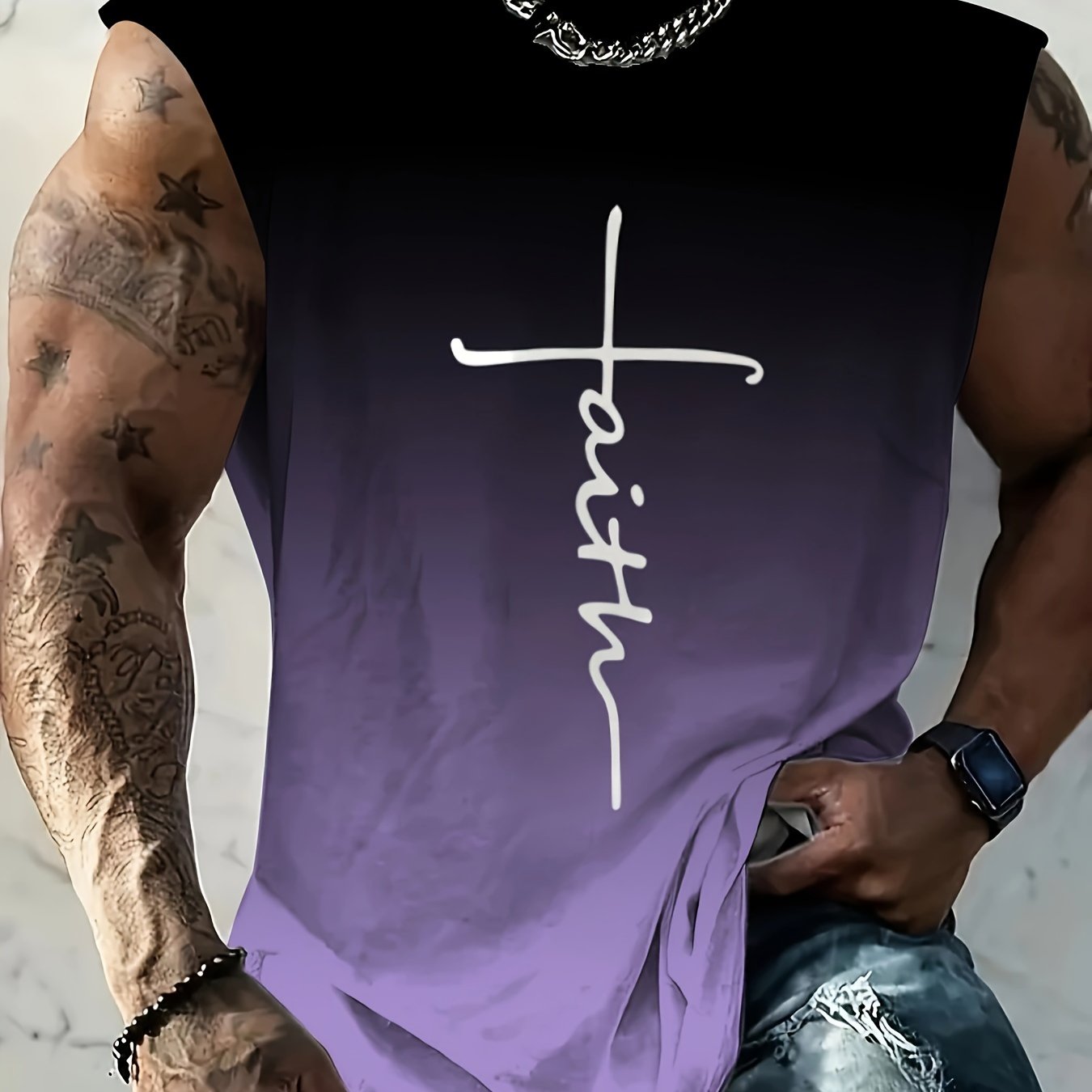 Erkaklar uchun Plus Size Gradient "Faith" Print Tank Top qora va teal dizaynida, yozgi fitnes, mashg'ulotlar va tasodifiy kiyimlar uchun mos, nafas oladigan va cho'ziluvchan, PLUS SIZE.