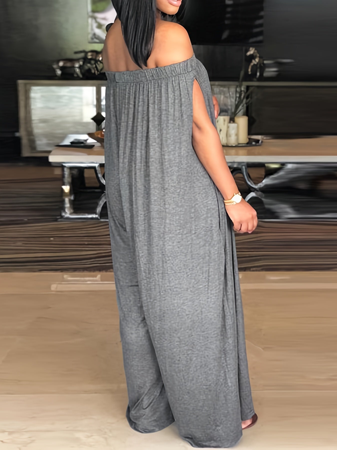 Women's Plus Size Strapless Jumpsuit Polyester Elastane Long Pockets