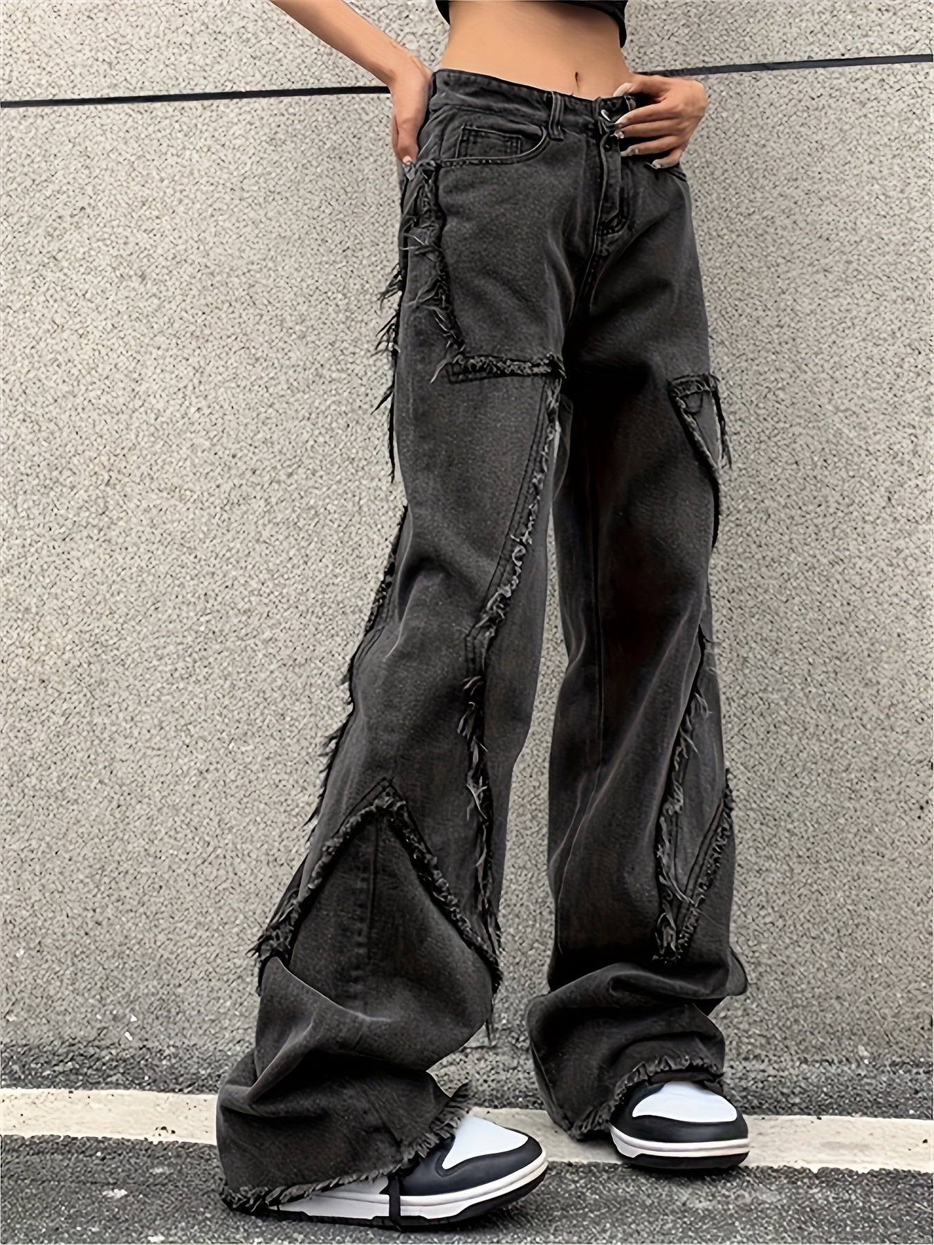 Men's Black Frayed Hem Wide-Leg Jeans 80% Cotton Relaxed Fit Casual Pants